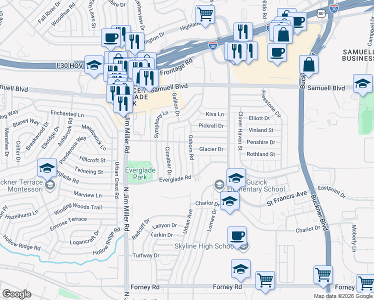 map of restaurants, bars, coffee shops, grocery stores, and more near 6904 Thornwood Drive in Dallas