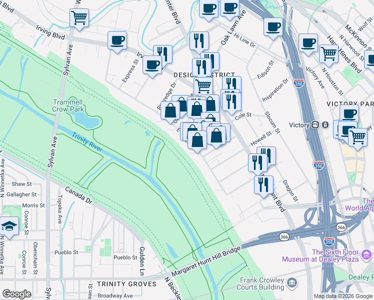map of restaurants, bars, coffee shops, grocery stores, and more near 1400 East Levee Street in Dallas