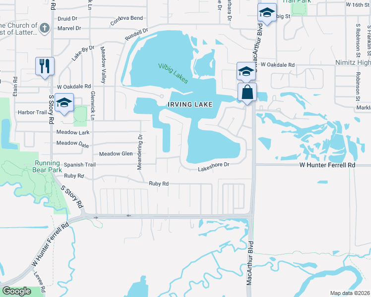map of restaurants, bars, coffee shops, grocery stores, and more near 1801 Lakeshore Court in Irving