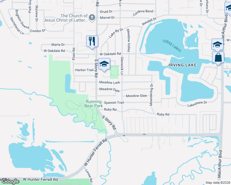 map of restaurants, bars, coffee shops, grocery stores, and more near 2221 Meadow Dale in Irving