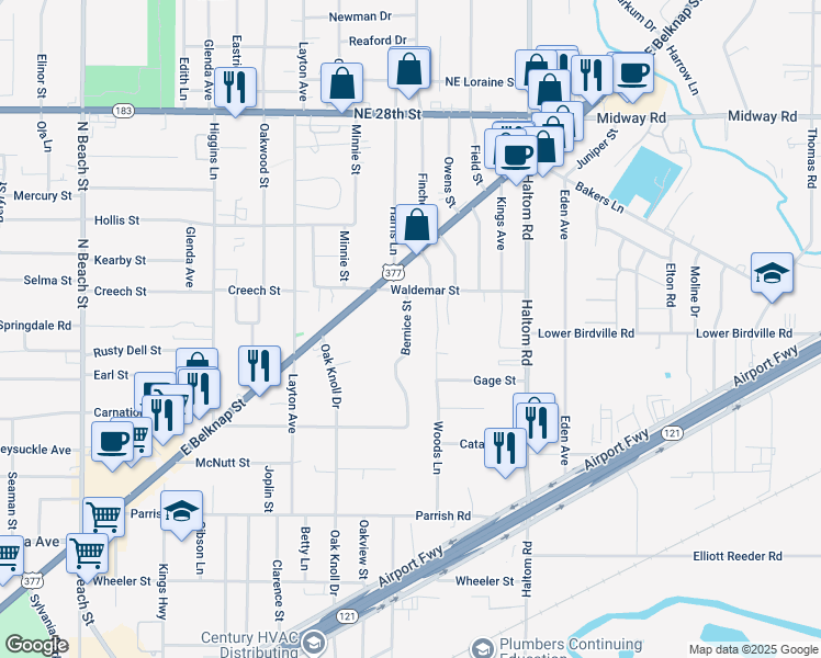 map of restaurants, bars, coffee shops, grocery stores, and more near 1933 Bernice Street in Haltom City