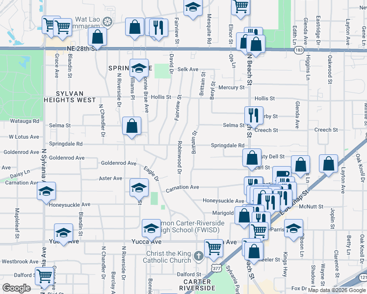 map of restaurants, bars, coffee shops, grocery stores, and more near 2005 Brittain Street in Fort Worth
