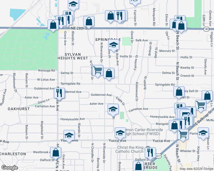 map of restaurants, bars, coffee shops, grocery stores, and more near 2000 North Riverside Drive in Fort Worth