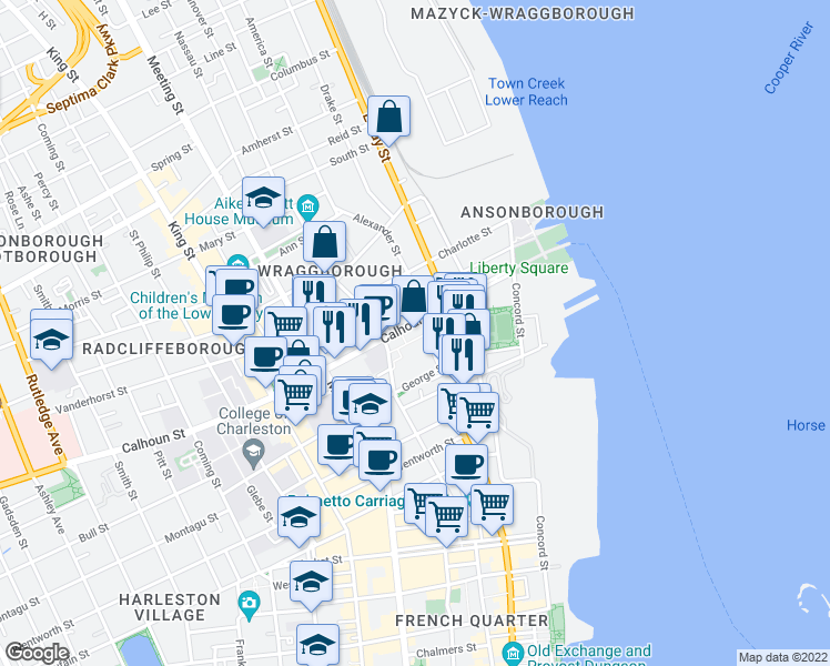 map of restaurants, bars, coffee shops, grocery stores, and more near 75 Calhoun Street in Charleston