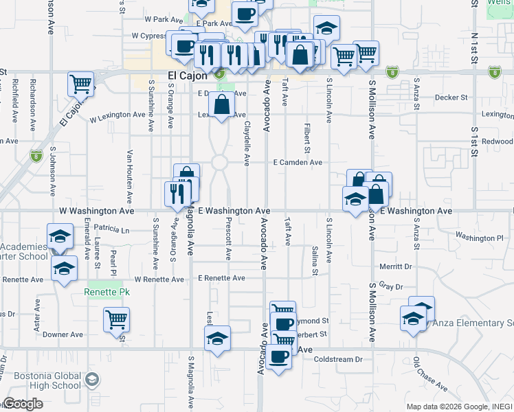map of restaurants, bars, coffee shops, grocery stores, and more near 650 Avocado Avenue in El Cajon