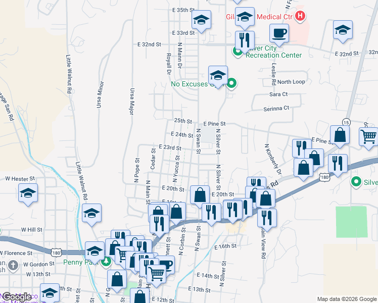 map of restaurants, bars, coffee shops, grocery stores, and more near 2304 North Cactus Street in Silver City