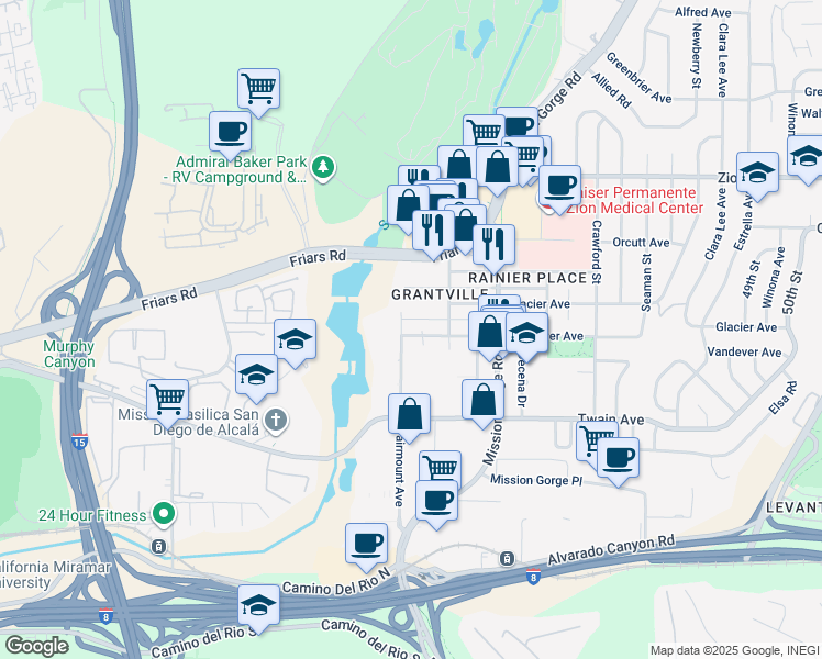 map of restaurants, bars, coffee shops, grocery stores, and more near in San Diego