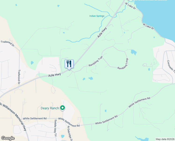 map of restaurants, bars, coffee shops, grocery stores, and more near 106 Rambling Trail in Weatherford