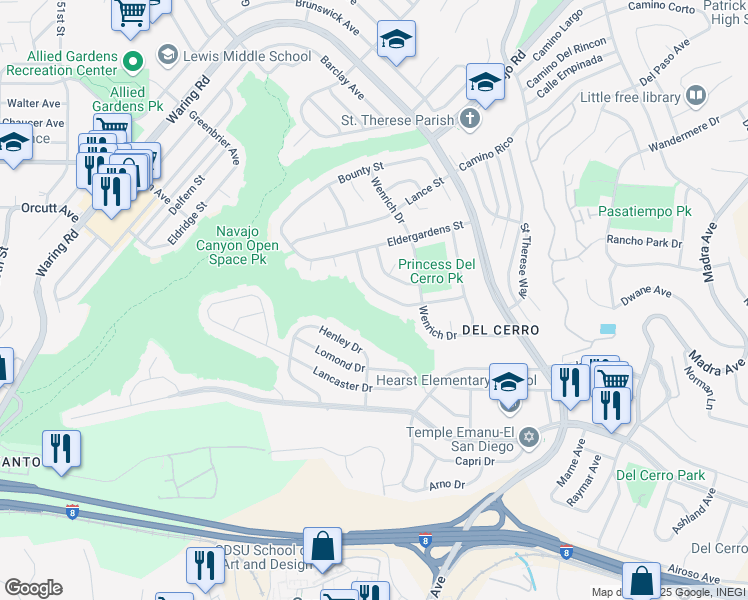 map of restaurants, bars, coffee shops, grocery stores, and more near 5859 Arboles Street in San Diego