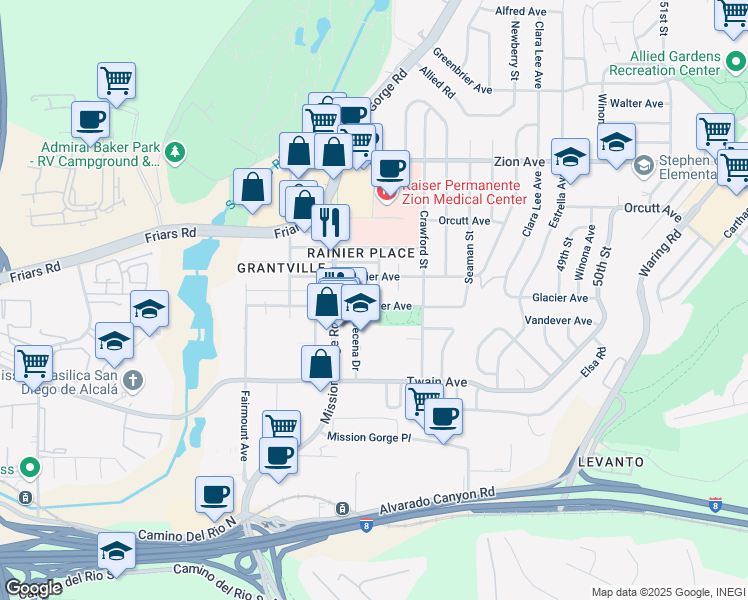 map of restaurants, bars, coffee shops, grocery stores, and more near 4550 Vandever Avenue in San Diego