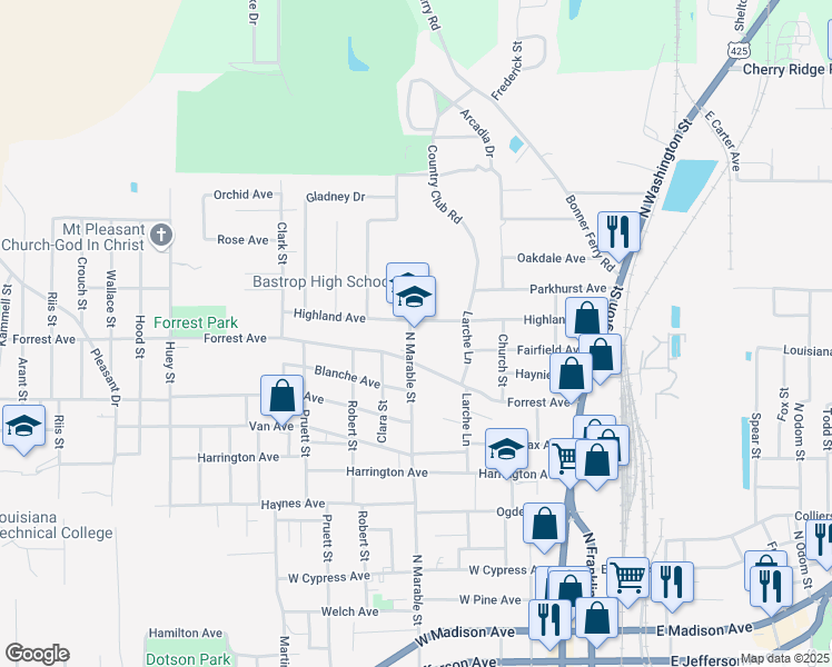 map of restaurants, bars, coffee shops, grocery stores, and more near 909 Larche Lane in Bastrop