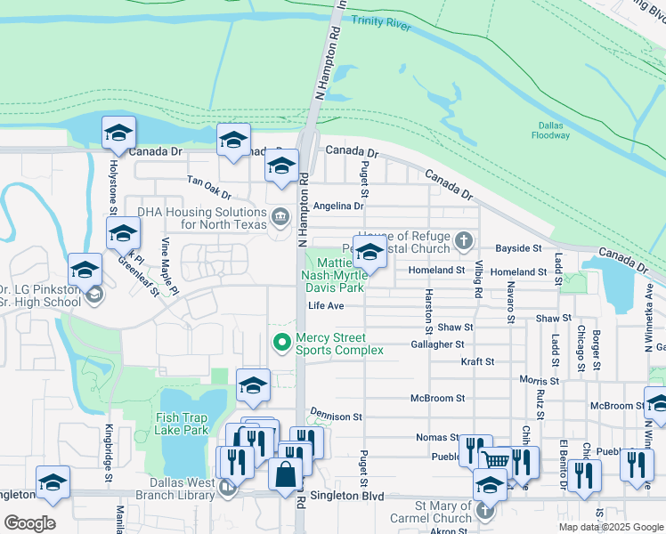 map of restaurants, bars, coffee shops, grocery stores, and more near 3710 North Hampton Road in Dallas