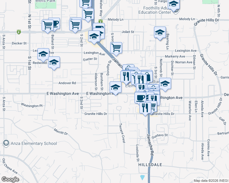 map of restaurants, bars, coffee shops, grocery stores, and more near 1350 East Washington Avenue in El Cajon