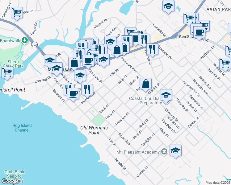 map of restaurants, bars, coffee shops, grocery stores, and more near 1303 Kings Court in Mount Pleasant