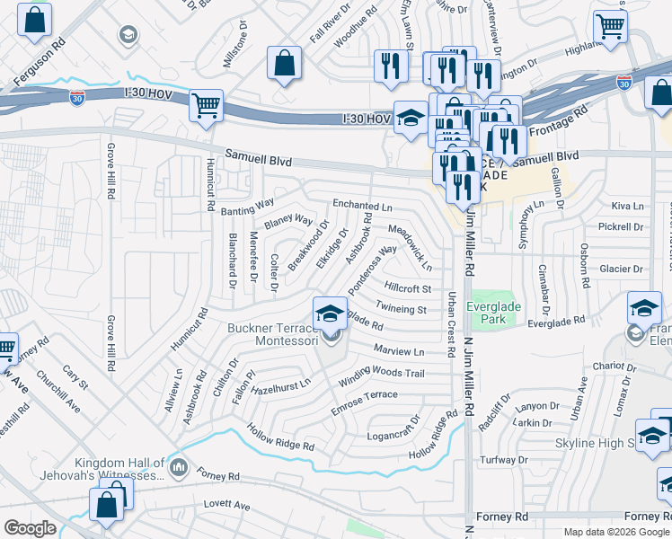 map of restaurants, bars, coffee shops, grocery stores, and more near 5208 Elkridge Drive in Dallas