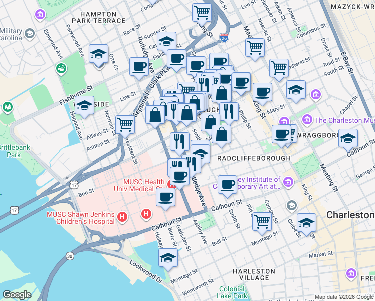 map of restaurants, bars, coffee shops, grocery stores, and more near 92 Morris Street in Charleston