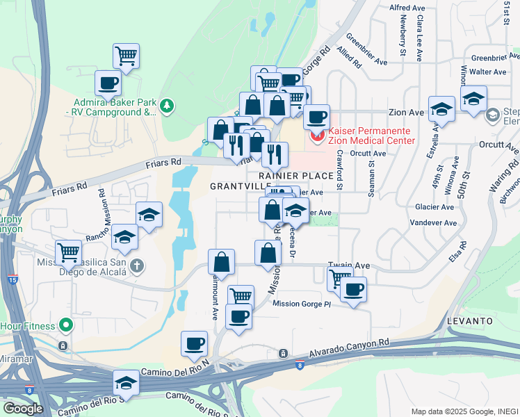 map of restaurants, bars, coffee shops, grocery stores, and more near 4421 Glacier Avenue in San Diego