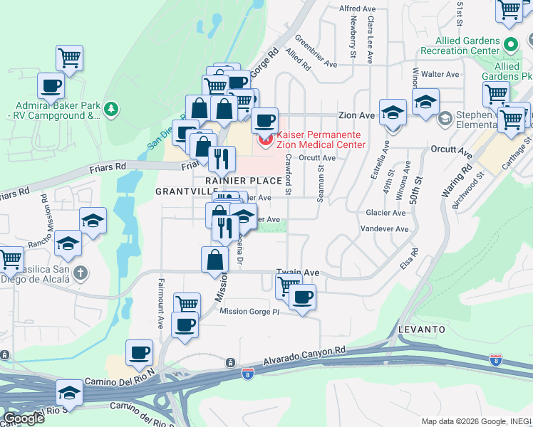 map of restaurants, bars, coffee shops, grocery stores, and more near 4626 Vandever Avenue in San Diego