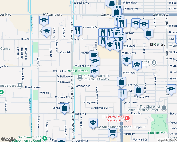 map of restaurants, bars, coffee shops, grocery stores, and more near 1530 South Waterman Avenue in El Centro