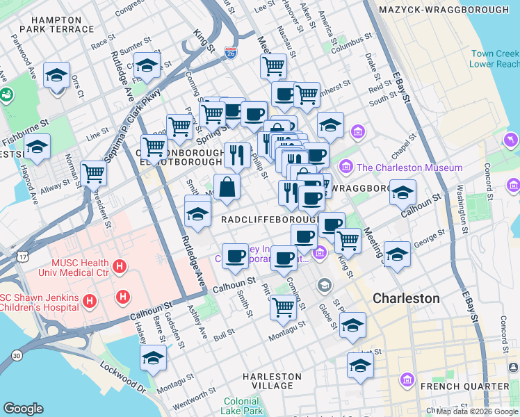 map of restaurants, bars, coffee shops, grocery stores, and more near 34 Radcliffe Street in Charleston