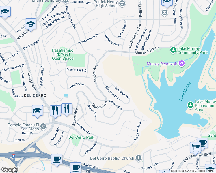 map of restaurants, bars, coffee shops, grocery stores, and more near 5920 Glenlea Lane in San Diego
