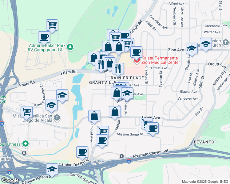 map of restaurants, bars, coffee shops, grocery stores, and more near 4421 Glacier Avenue in San Diego