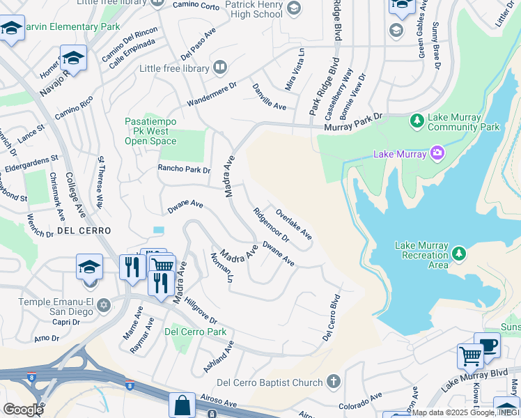 map of restaurants, bars, coffee shops, grocery stores, and more near 5920 Glenlea Lane in San Diego