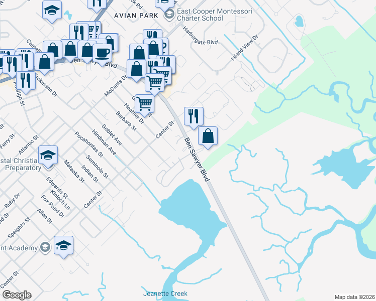 map of restaurants, bars, coffee shops, grocery stores, and more near 1517 Ben Sawyer Boulevard in Mount Pleasant