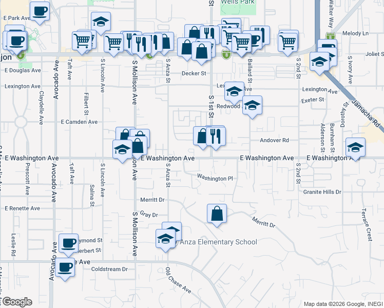 map of restaurants, bars, coffee shops, grocery stores, and more near 692 Benton Place in El Cajon