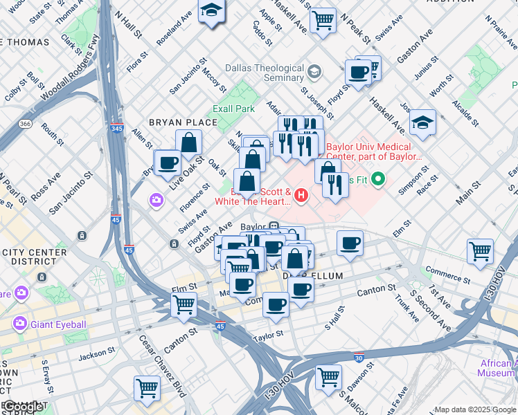 map of restaurants, bars, coffee shops, grocery stores, and more near 1304 Gaston Avenue in Dallas