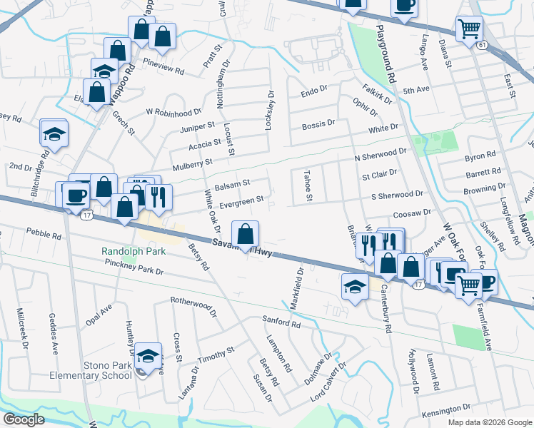 map of restaurants, bars, coffee shops, grocery stores, and more near 1507 Evergreen Street in Charleston