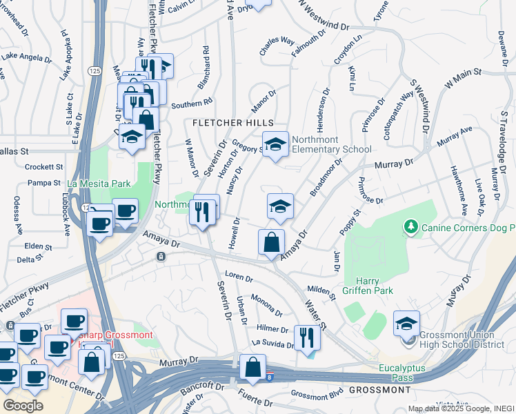map of restaurants, bars, coffee shops, grocery stores, and more near 9320 Earl Street in La Mesa