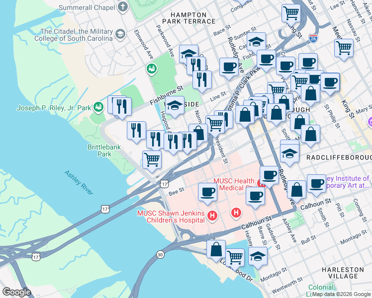 map of restaurants, bars, coffee shops, grocery stores, and more near 33 Allway Street in Charleston