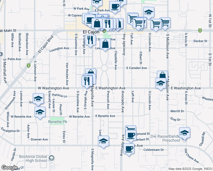 map of restaurants, bars, coffee shops, grocery stores, and more near 627 Prescott Avenue in El Cajon