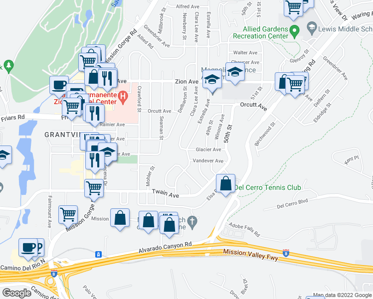map of restaurants, bars, coffee shops, grocery stores, and more near Estrella Ave & Clara Lee Ave in San Diego