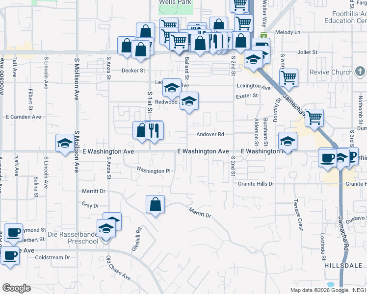map of restaurants, bars, coffee shops, grocery stores, and more near 1160 East Washington Avenue in El Cajon