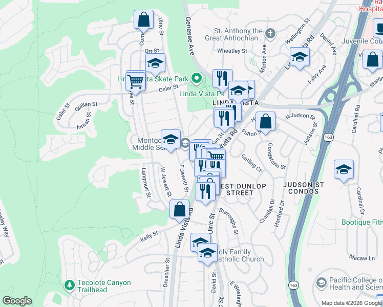 map of restaurants, bars, coffee shops, grocery stores, and more near 6926 Eastman Street in San Diego