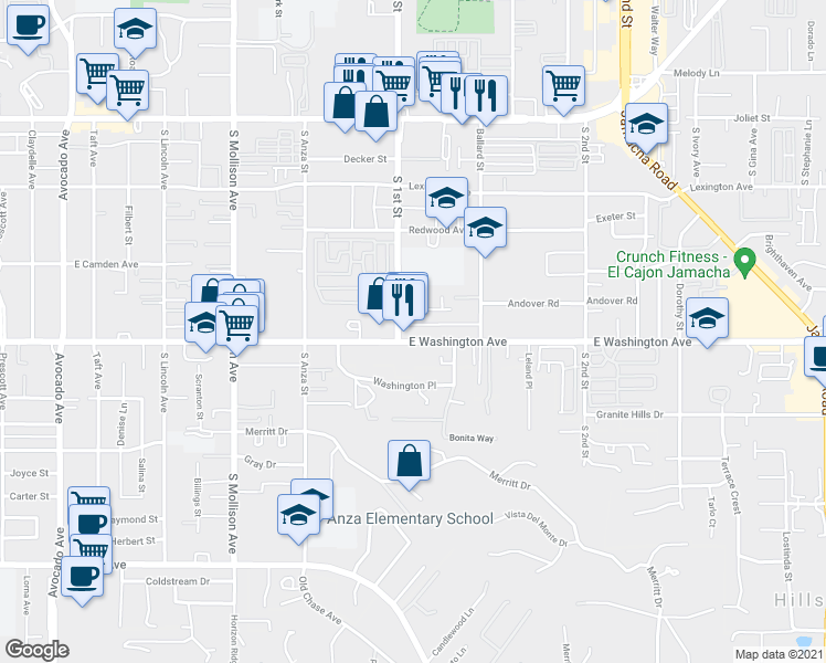 map of restaurants, bars, coffee shops, grocery stores, and more near 1103 Buckskin Road in El Cajon