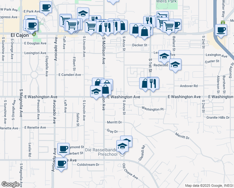 map of restaurants, bars, coffee shops, grocery stores, and more near 960 East Washington Avenue in El Cajon