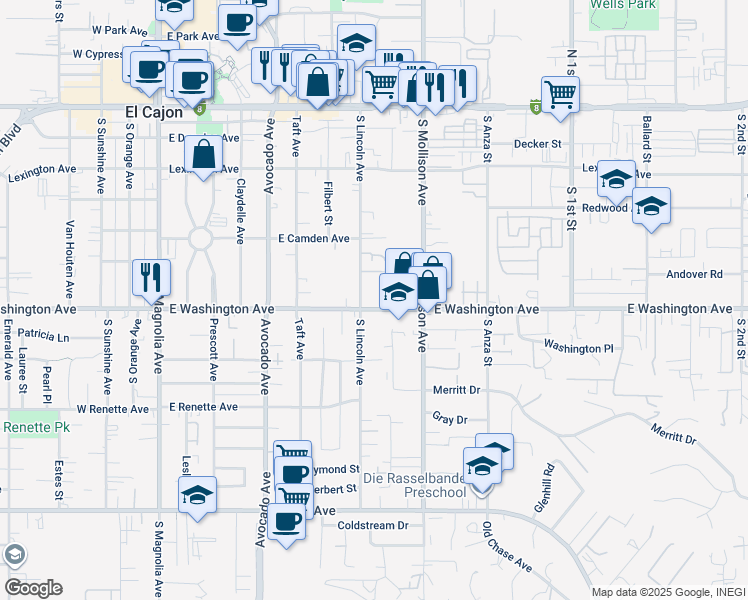 map of restaurants, bars, coffee shops, grocery stores, and more near 649 South Lincoln Avenue in El Cajon