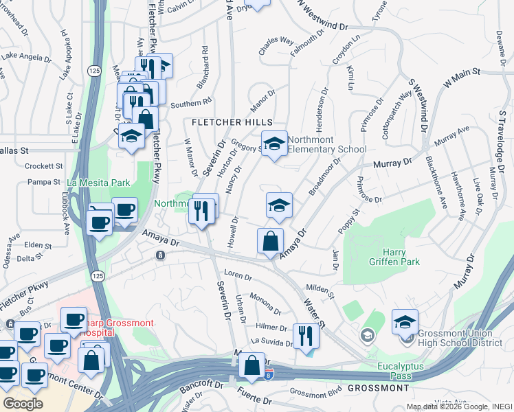 map of restaurants, bars, coffee shops, grocery stores, and more near 9320 Earl Street in La Mesa