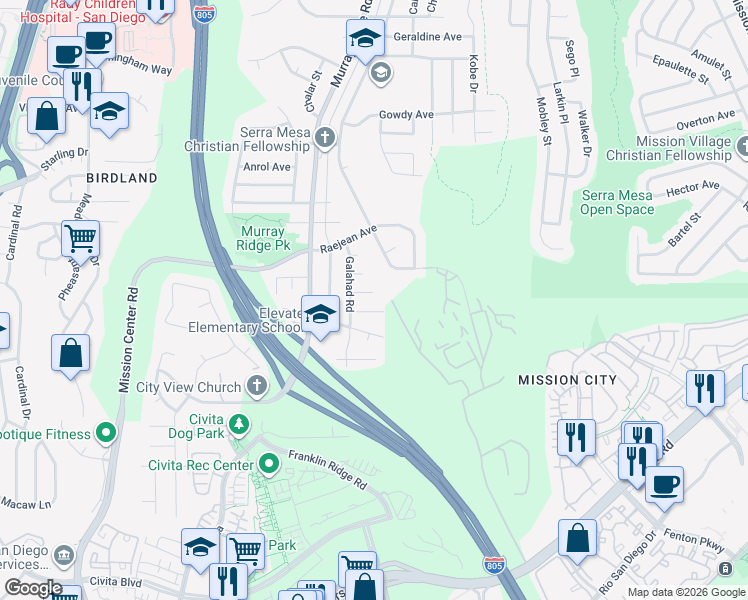 map of restaurants, bars, coffee shops, grocery stores, and more near 8768 Cairo Court in San Diego