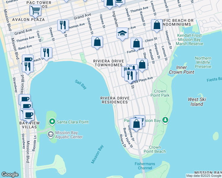 map of restaurants, bars, coffee shops, grocery stores, and more near 3817 Riviera Drive in San Diego