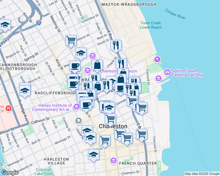 map of restaurants, bars, coffee shops, grocery stores, and more near 12 Elizabeth Street in Charleston