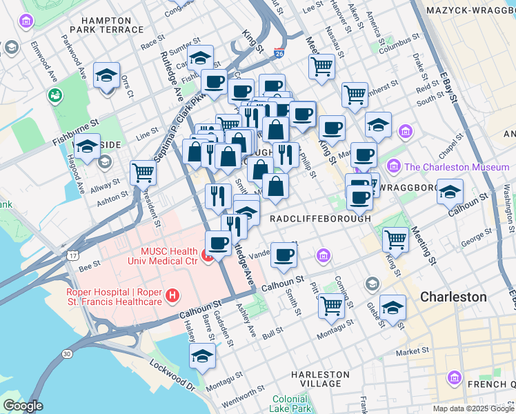 map of restaurants, bars, coffee shops, grocery stores, and more near 71 Morris Street in Charleston