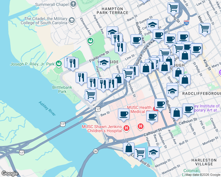 map of restaurants, bars, coffee shops, grocery stores, and more near 33 Allway Street in Charleston