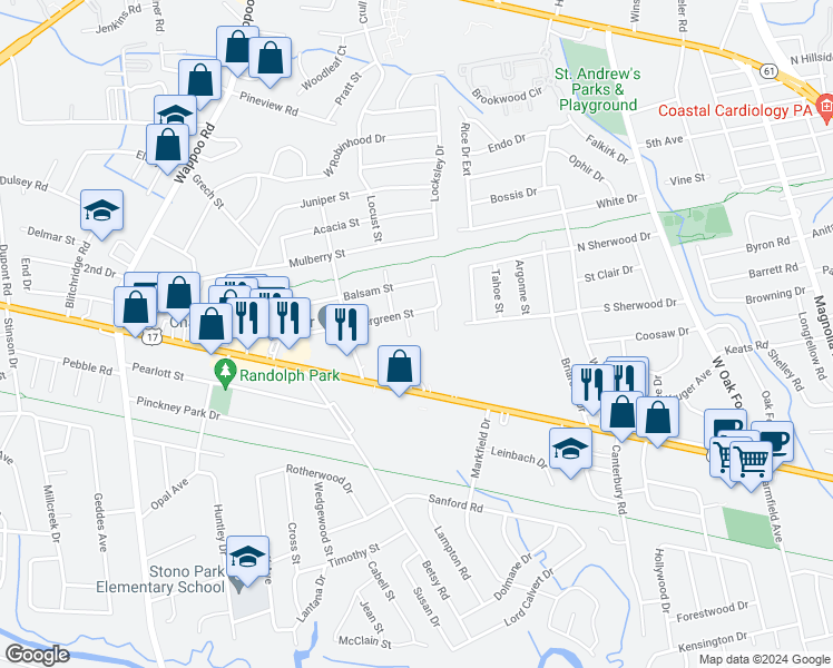 map of restaurants, bars, coffee shops, grocery stores, and more near 1507 Evergreen Street in Charleston