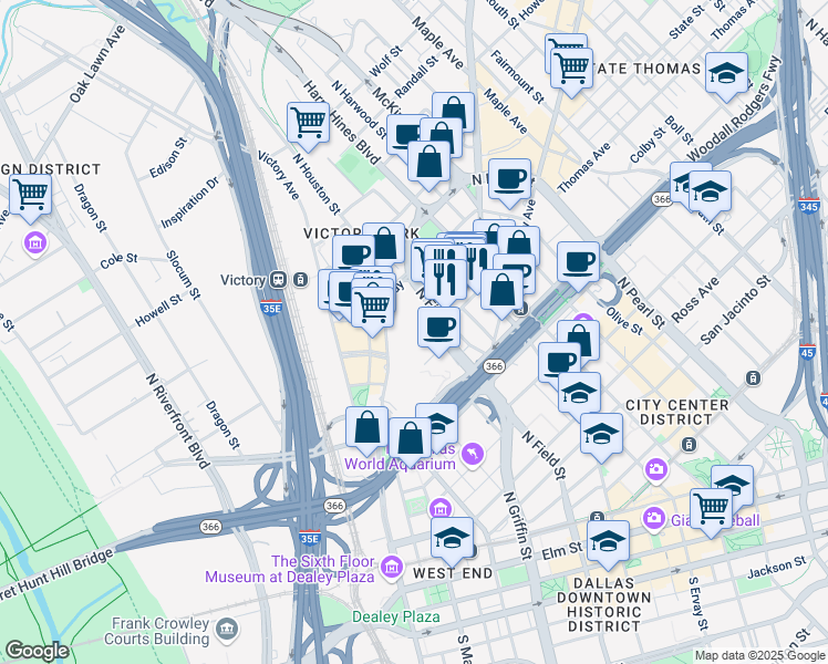 map of restaurants, bars, coffee shops, grocery stores, and more near 20 North Field Street in Dallas