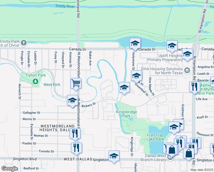 map of restaurants, bars, coffee shops, grocery stores, and more near 3019 Bickers Street in Dallas