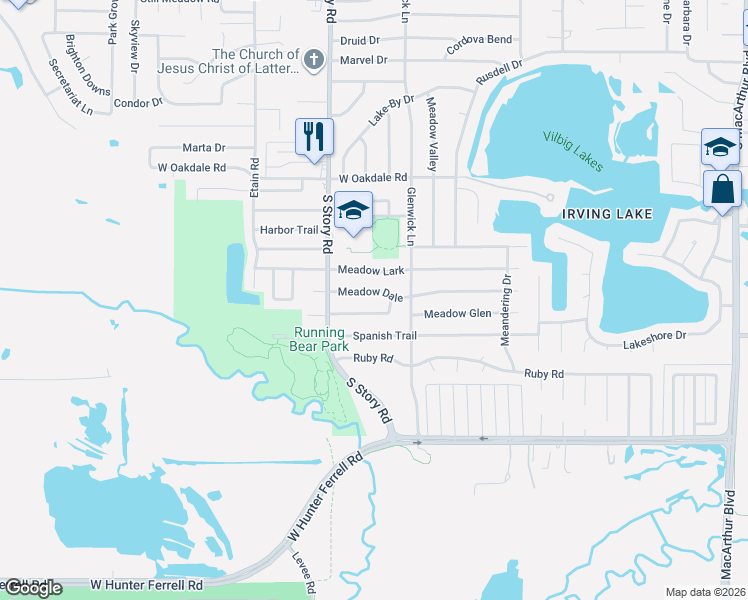map of restaurants, bars, coffee shops, grocery stores, and more near 2221 Meadow Dale in Irving